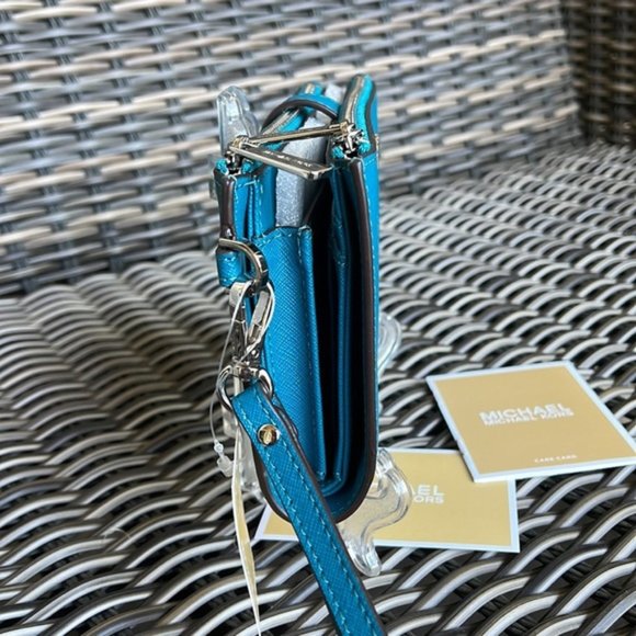 Michael Kors Large Double Zip Leather Wallet Wristlet Phone Case Lagoon - Picture 4 of 16